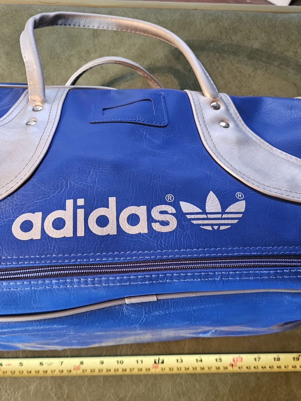 Vintage 70s Adidas Blue and Silver Trefoil Travel Bag